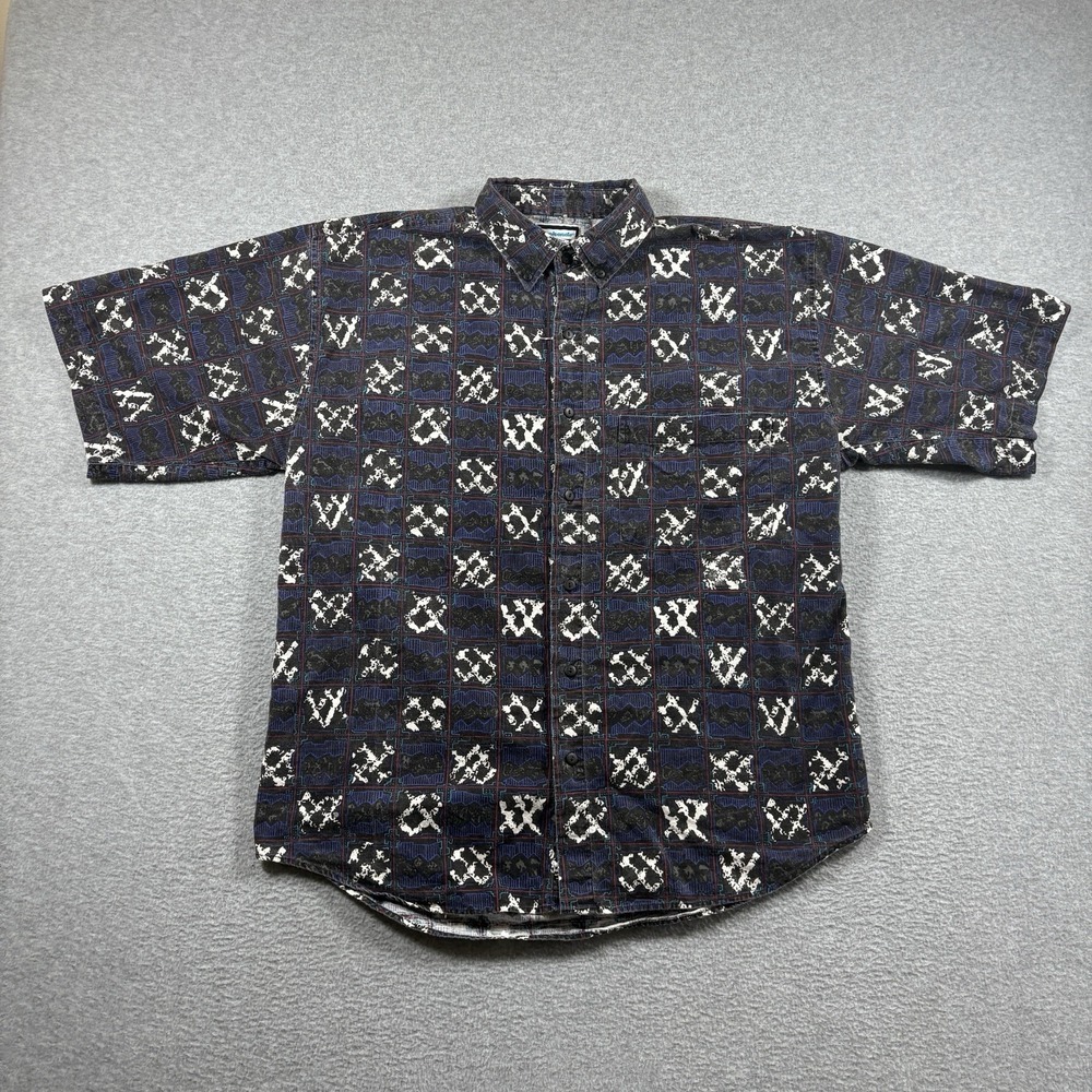 Vintage 90s Weekends Mens Large Abstract Geometric Button Up Shirt Short Sleeve